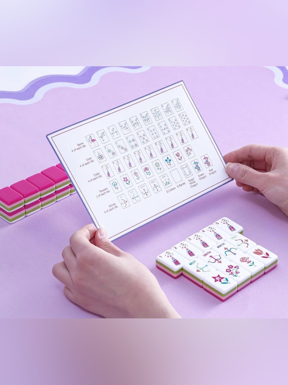 Premium Home Mahjong Set in White with Pink & Green Accents - Picture 9 of 13